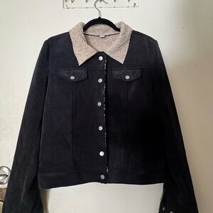FAVLUX Black Corduroy Jacket with Cream Sherpa Collar